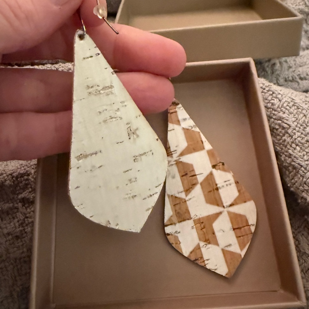 Eleven10 Leather Geometric Tan and Cream Earrings in Cork - Picture 2 of 3